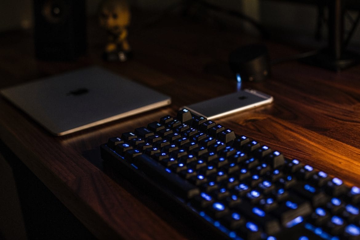 desk with keyboard