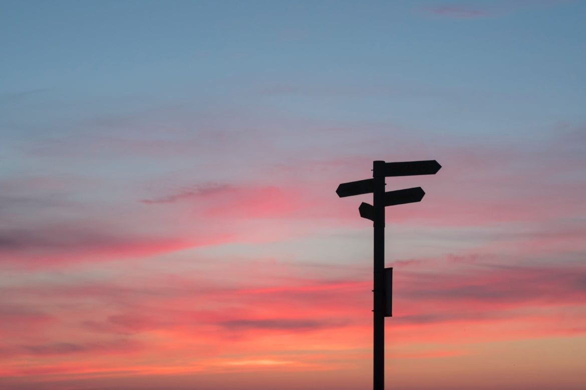 signpost at sunset